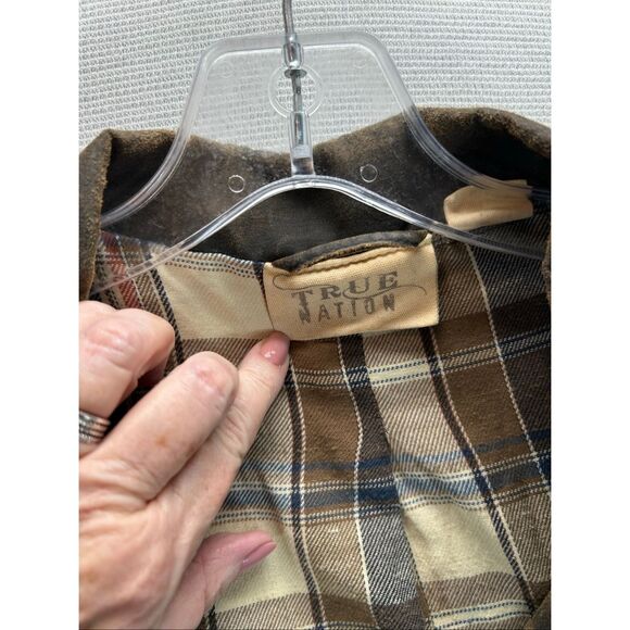 True Nation 2XLT Waxed Cotton Chore Barn Jacket Brown Plaid Line Rugged Workwear - Picture 3 of 14